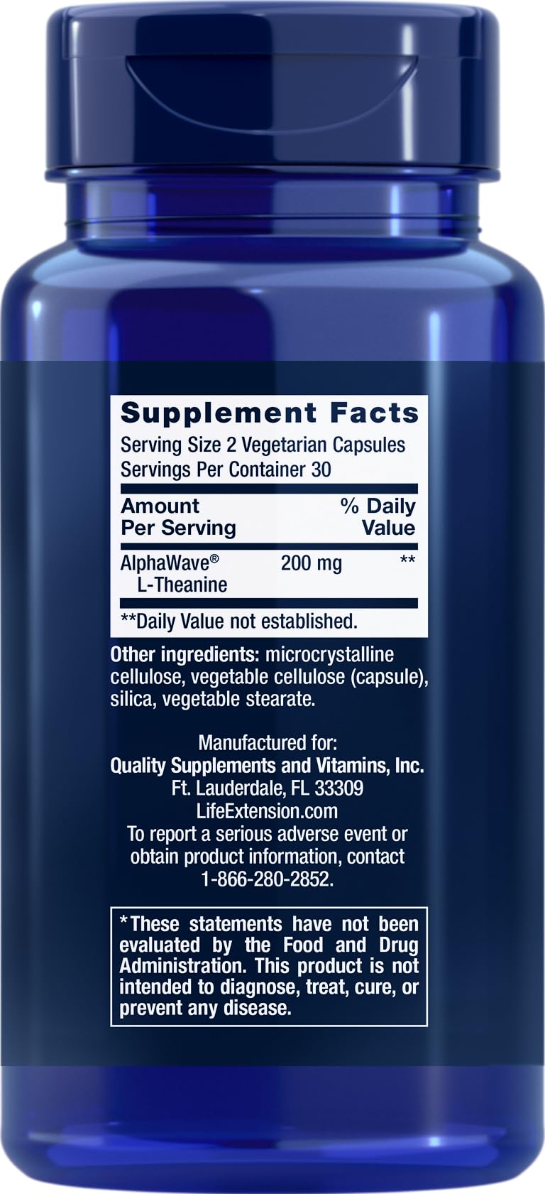Life Extension L-Theanine label close-up highlighting tea-derived calming ingredients.