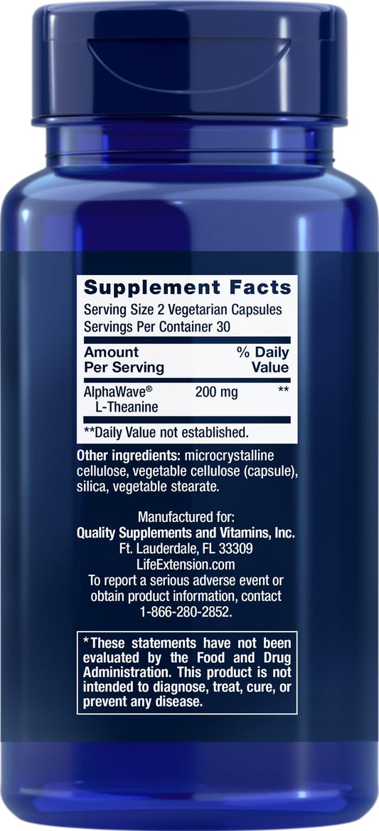 Life Extension L-Theanine label close-up highlighting tea-derived calming ingredients.