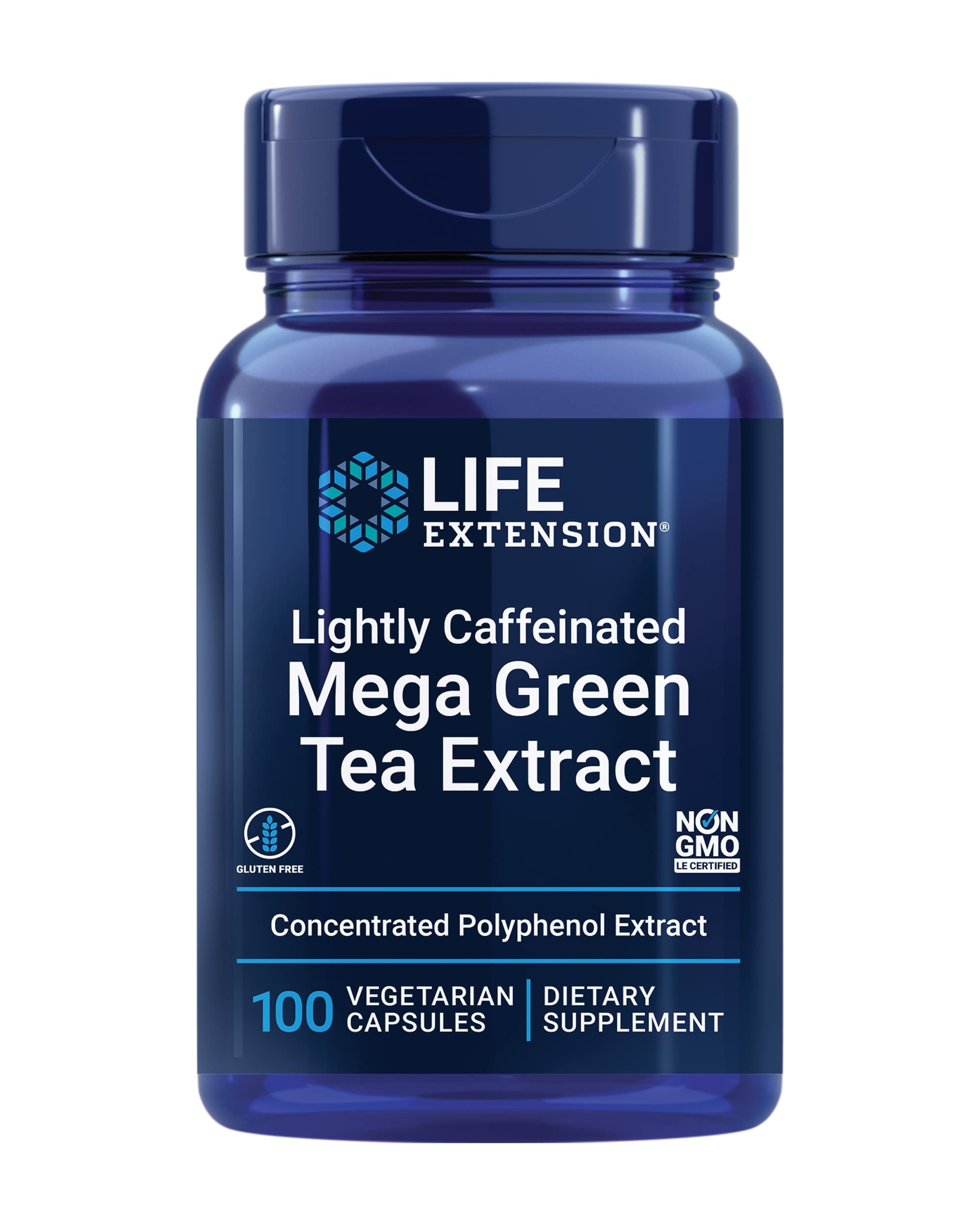 Life Extension Lightly Caffeinated Mega Green Tea Extract bottle displayed for daily wellness.