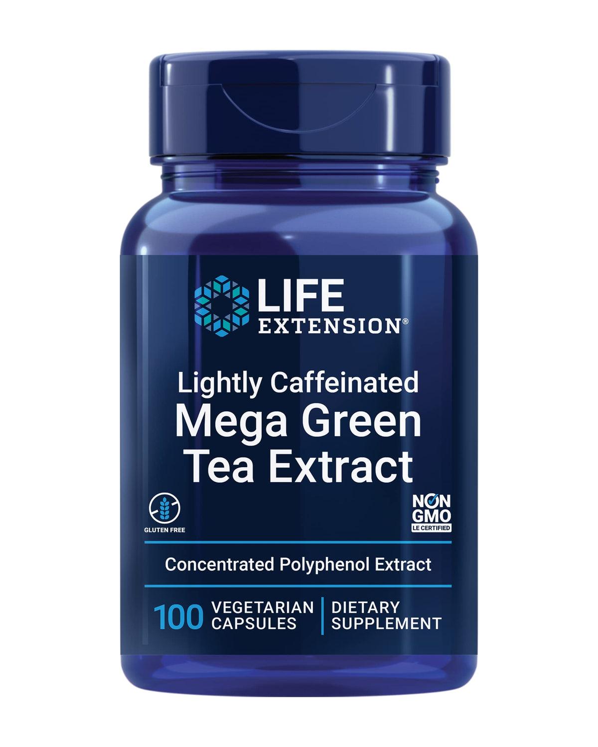 Life Extension Lightly Caffeinated Mega Green Tea Extract bottle displayed for daily wellness.