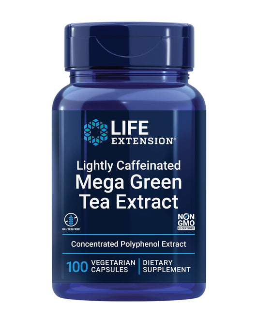 Life Extension Lightly Caffeinated Mega Green Tea Extract bottle displayed for daily wellness.