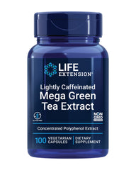 Life Extension Lightly Caffeinated Mega Green Tea Extract bottle displayed for daily wellness.