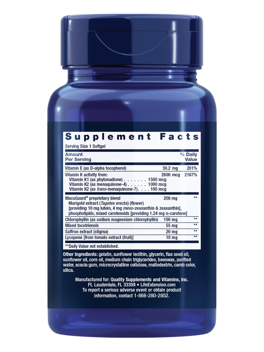 Life Extension MacuGuard vision-softgel highlighting carotenoids and saffron for eye health