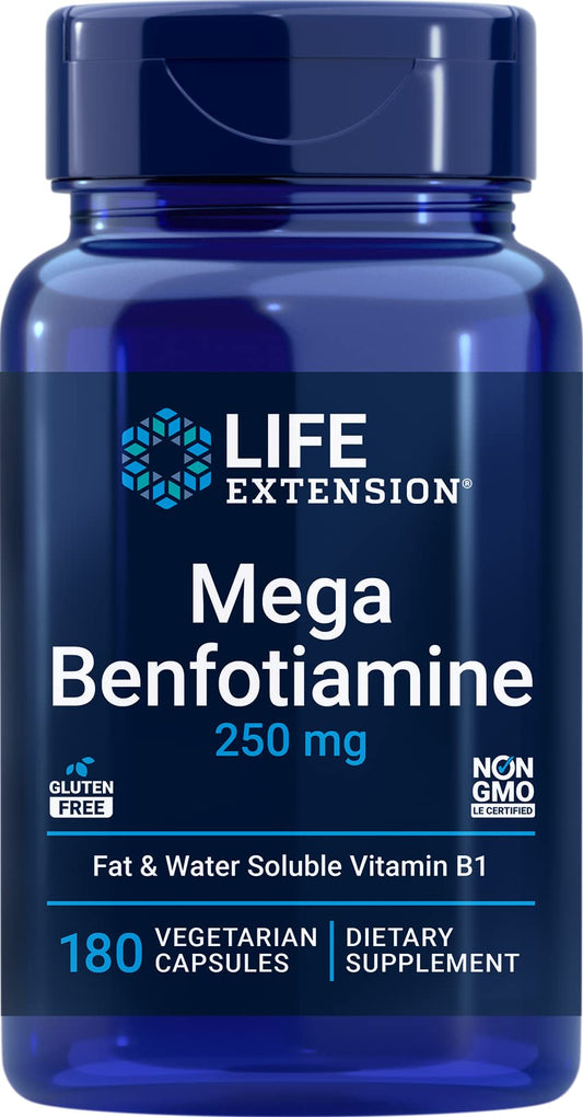 Life Extension Mega Benfotiamine bottle shows high-dose vitamin B1 formulation
