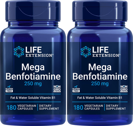 Life Extension Mega Benfotiamine 250 mg bottle highlighting fat-soluble B1