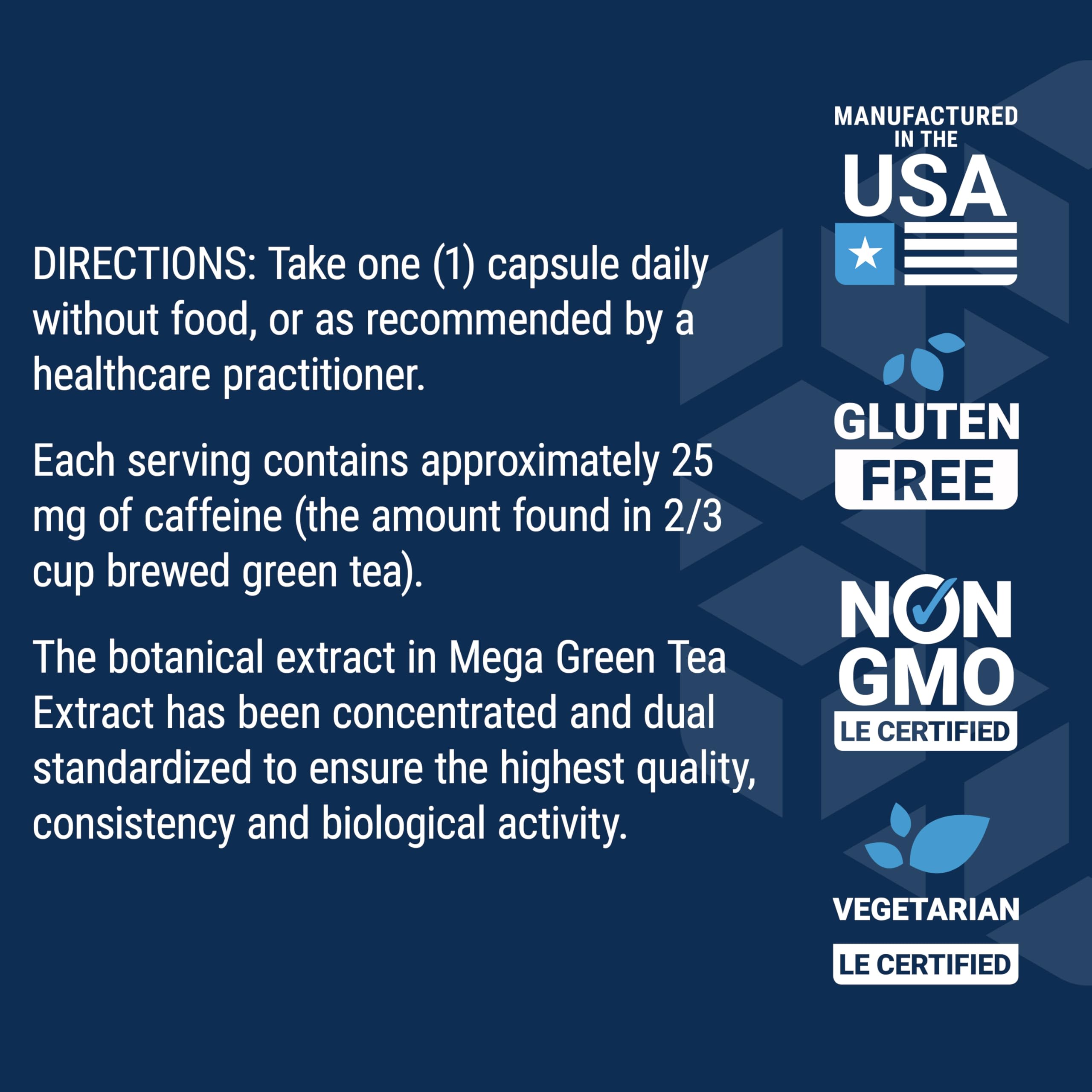 Life Extension Mega Green Tea Extract gluten-free and non-GMO certification icons.