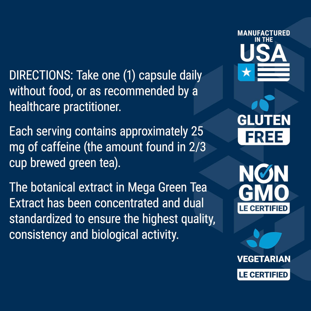 Life Extension Mega Green Tea Extract gluten-free and non-GMO certification icons.