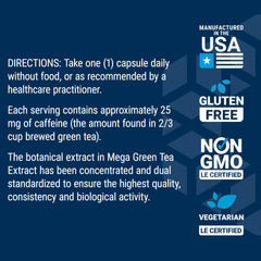 Life Extension Mega Green Tea Extract gluten-free and non-GMO certification icons.