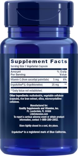 Life Extension Mega L-Ergothioneine capsules closeup showing 25 mg dose