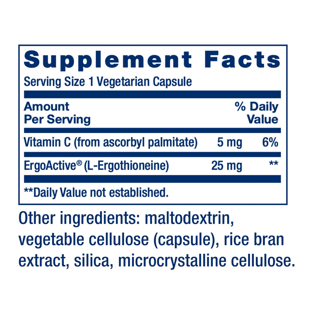 Life Extension Mega L-Ergothioneine label with gluten-free and non-GMO notes