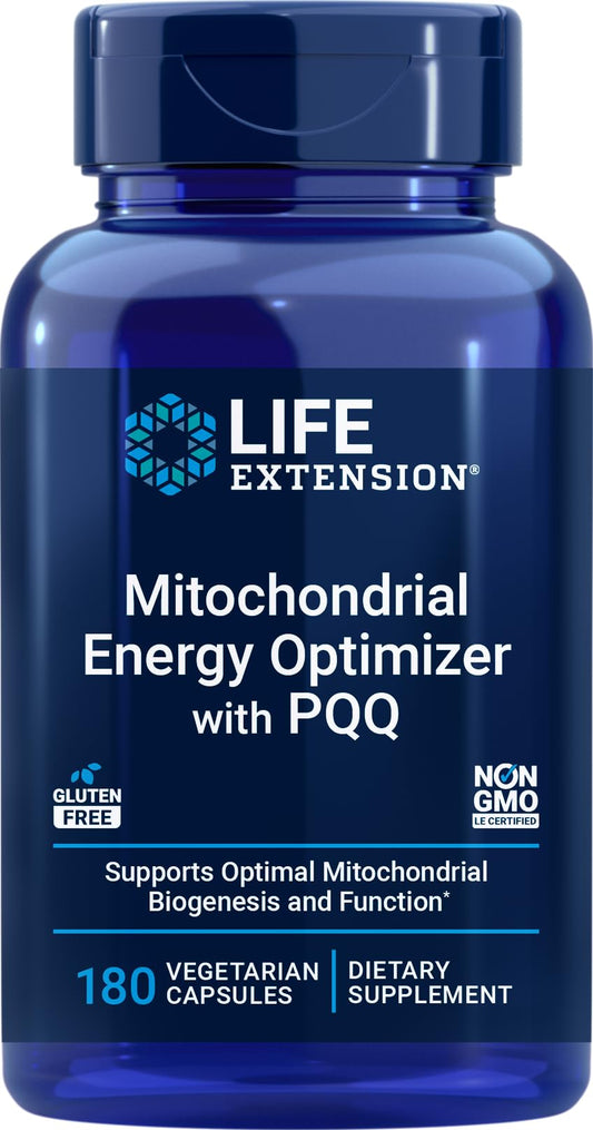Life Extension Mitochondrial Energy Optimizer bottle on a counter indicating daily routine