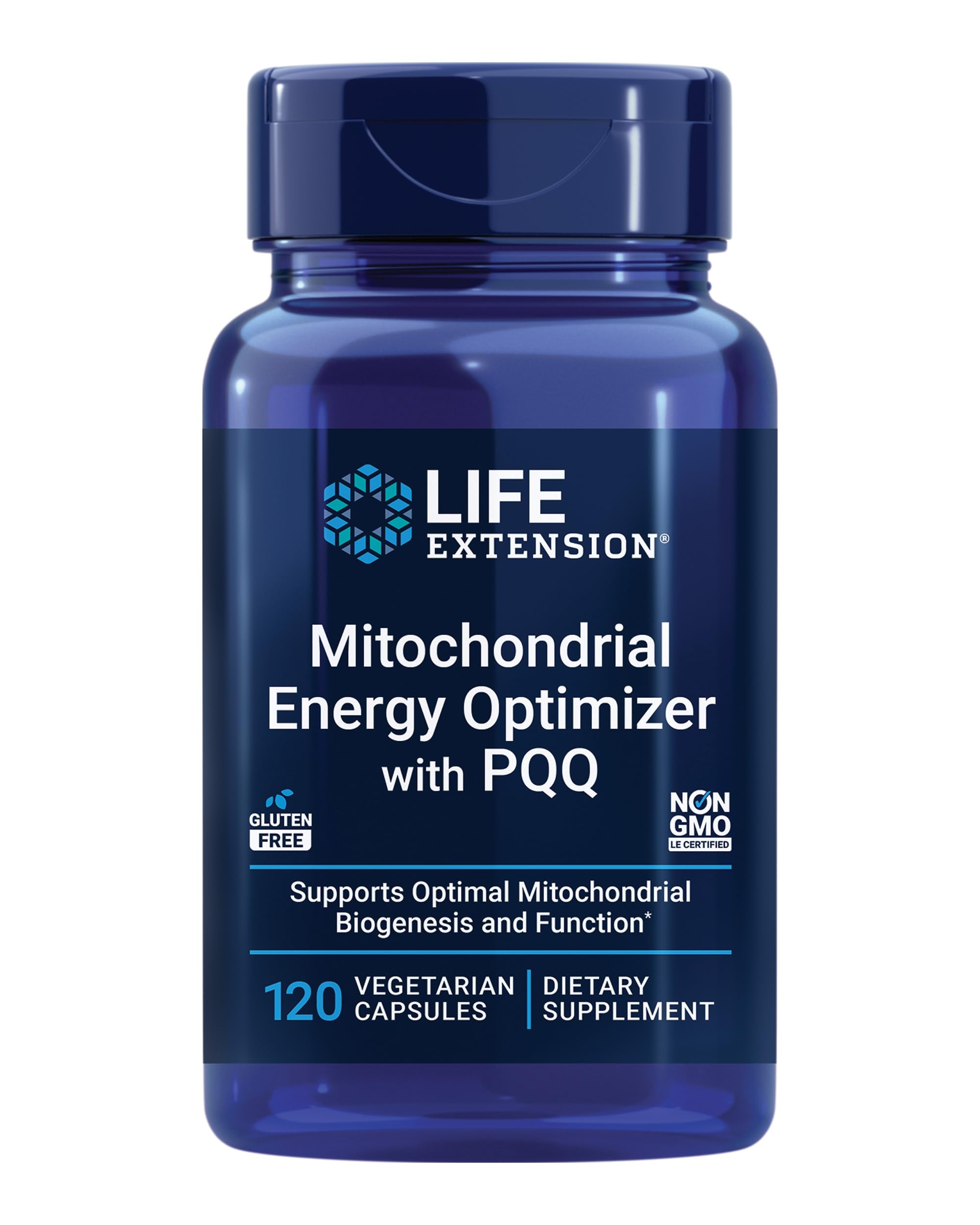 Life Extension Mitochondrial Energy Optimizer bottle shows PQQ for cellular energy