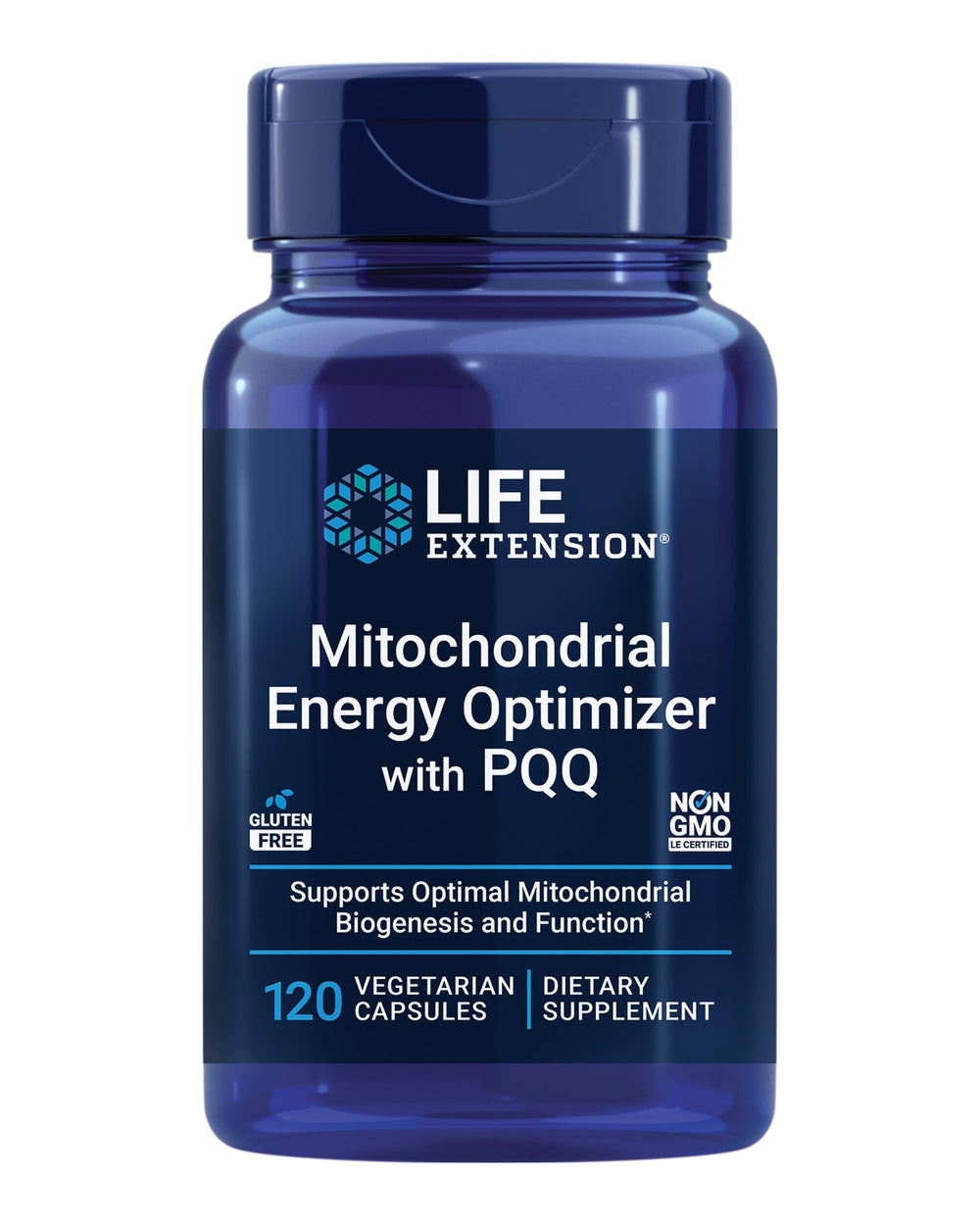 Life Extension Mitochondrial Energy Optimizer bottle shows PQQ for cellular energy