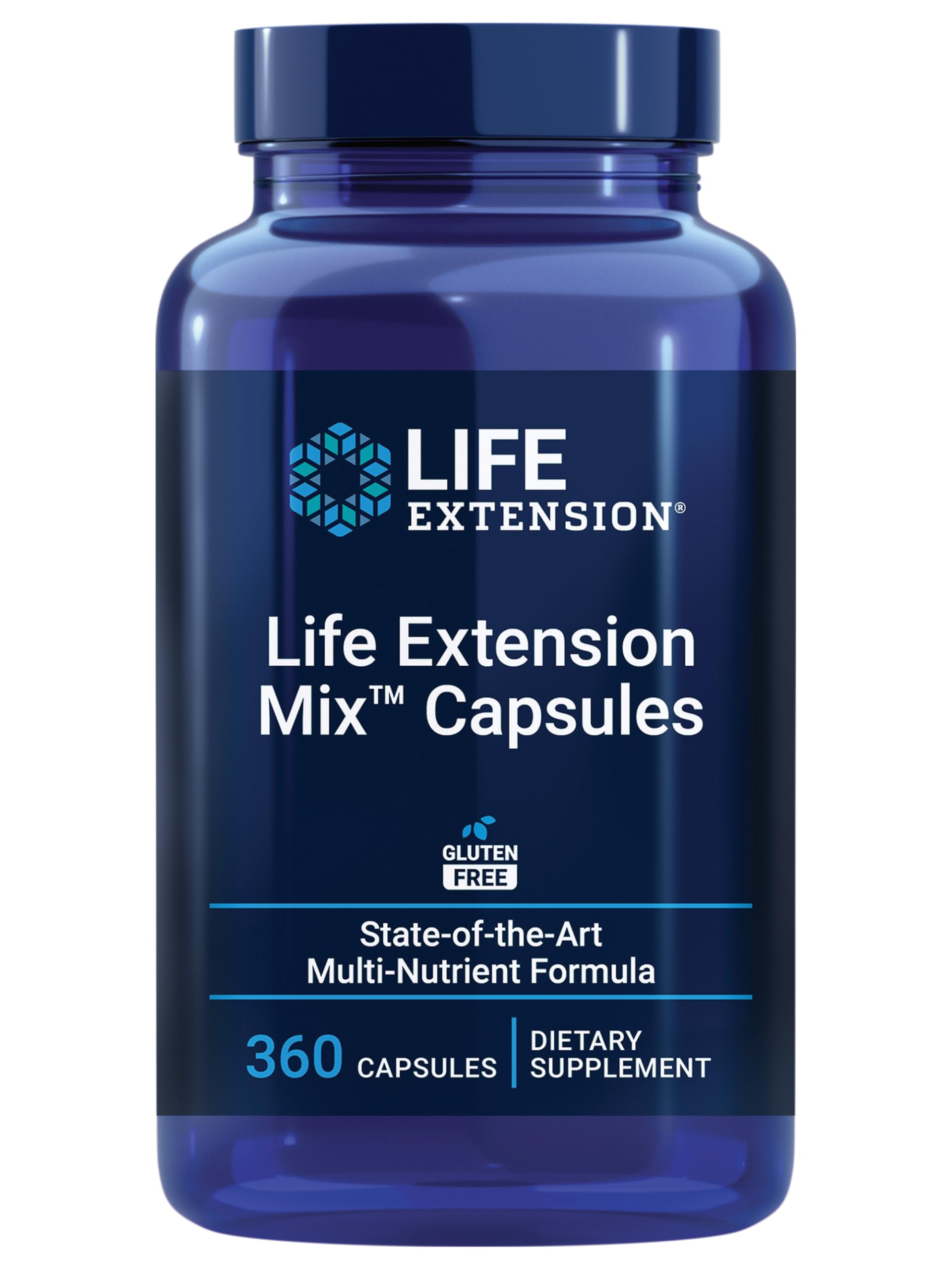 Life Extension Mix capsules bottle pour – broad daily nutrition in one capsule.