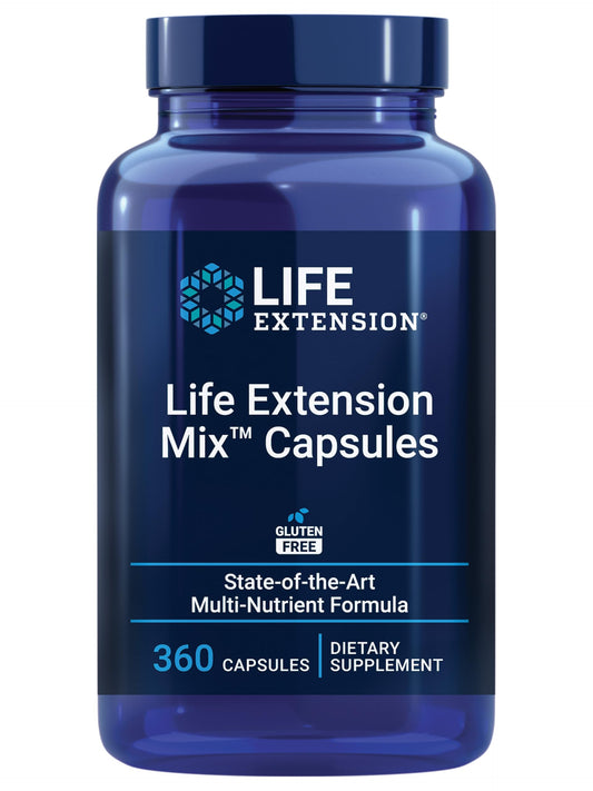 Life Extension Mix capsules bottle pour – broad daily nutrition in one capsule.