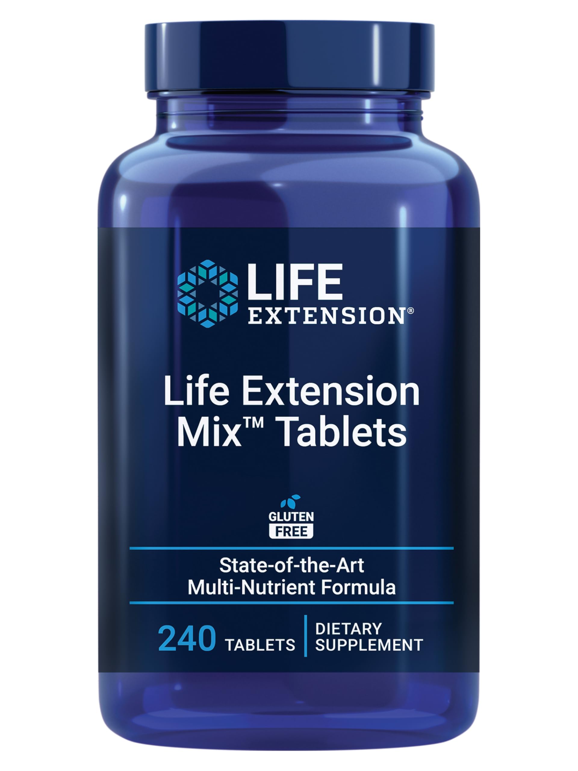 Life Extension Mix tablets bottle front promotes comprehensive daily nutrition for overall wellness.