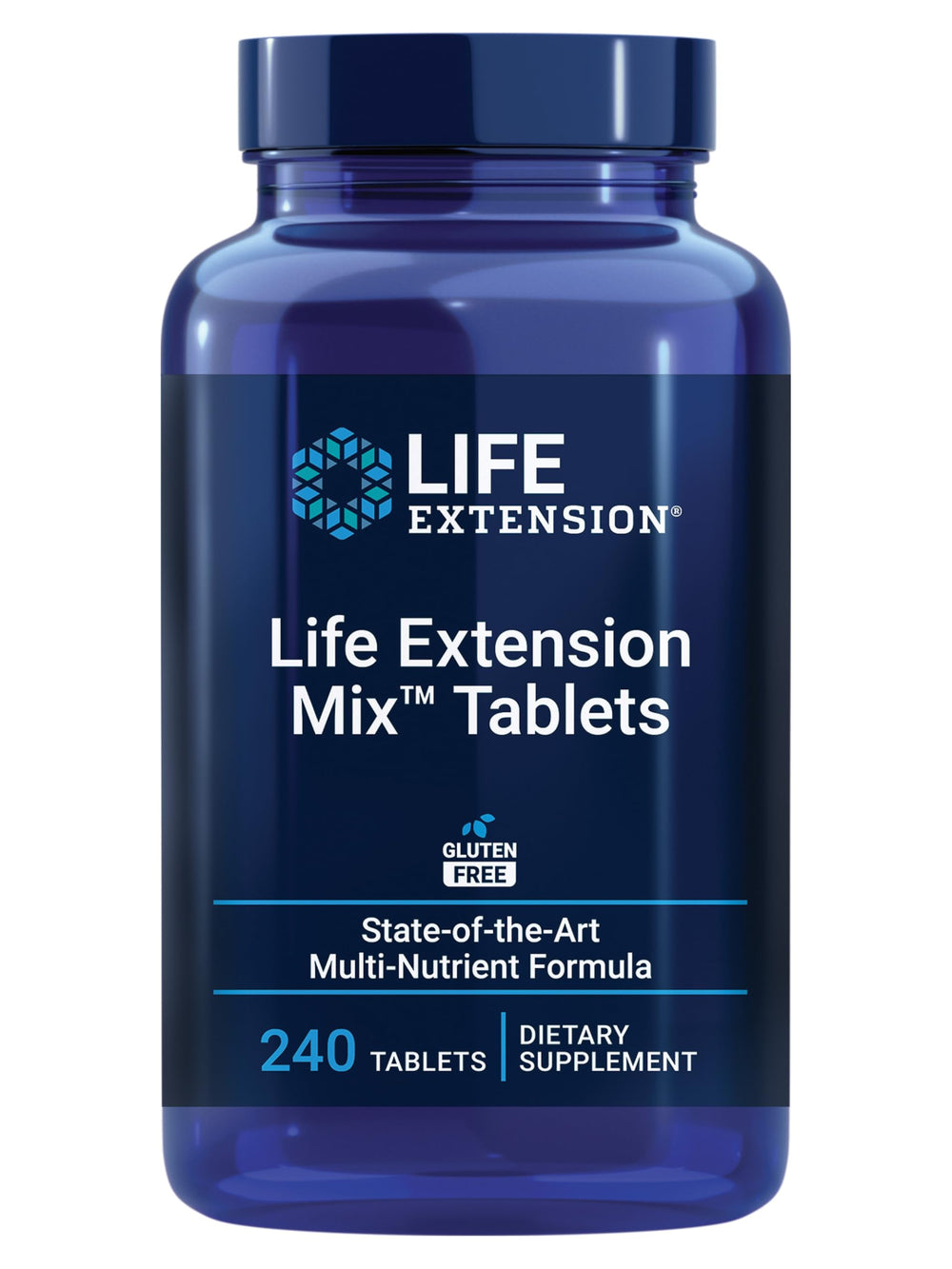 Life Extension Mix tablets bottle front promotes comprehensive daily nutrition for overall wellness.
