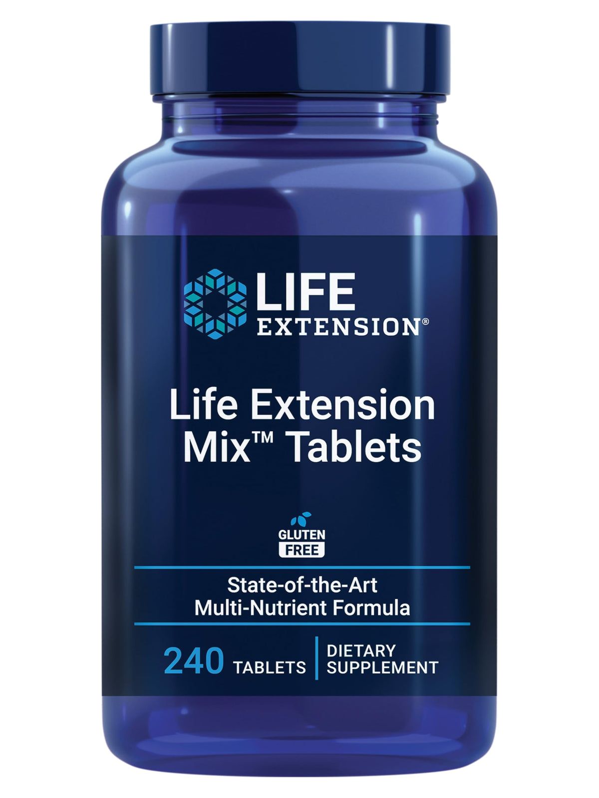 Life Extension Mix tablets bottle front promotes comprehensive daily nutrition for overall wellness.