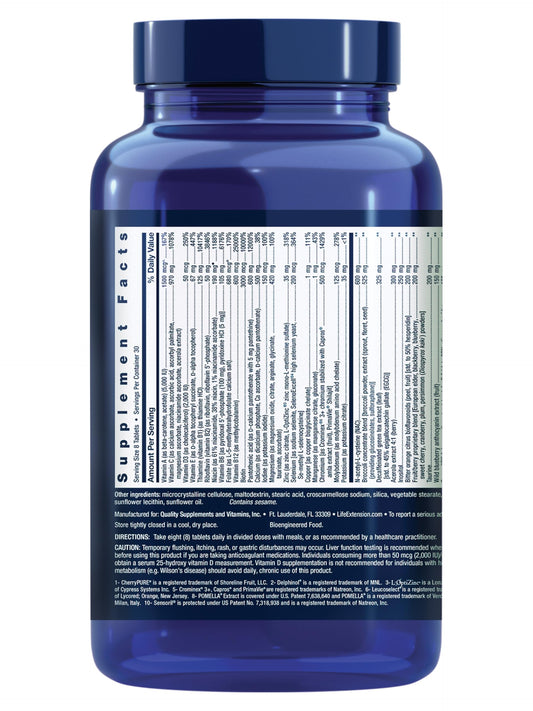 Life Extension Mix bottle side highlights high-potency vitamins and minerals for everyday immune and heart support.