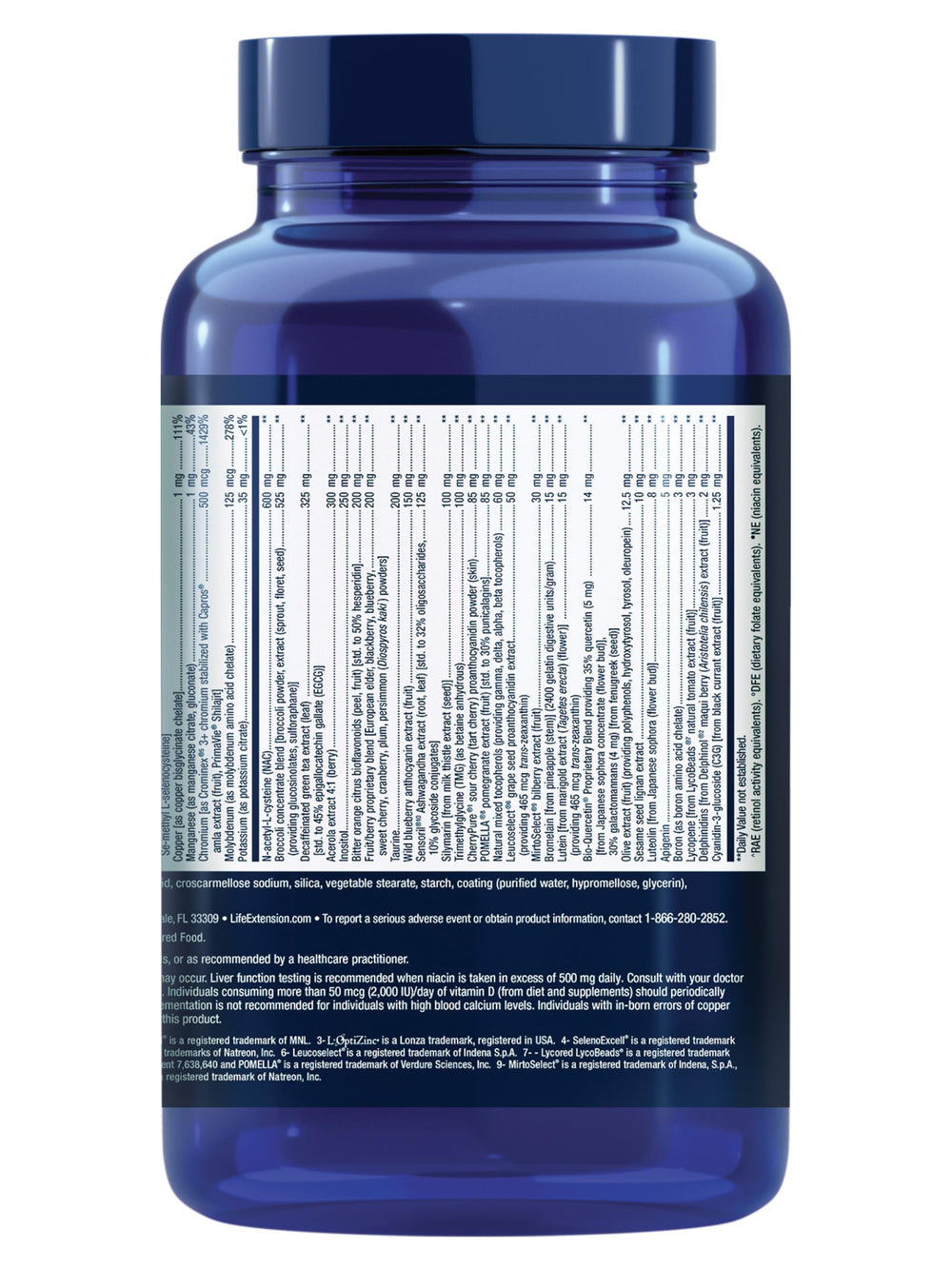 Life Extension Mix label closeup emphasizes fruit and vegetable extracts boosting antioxidant-rich nutrition.