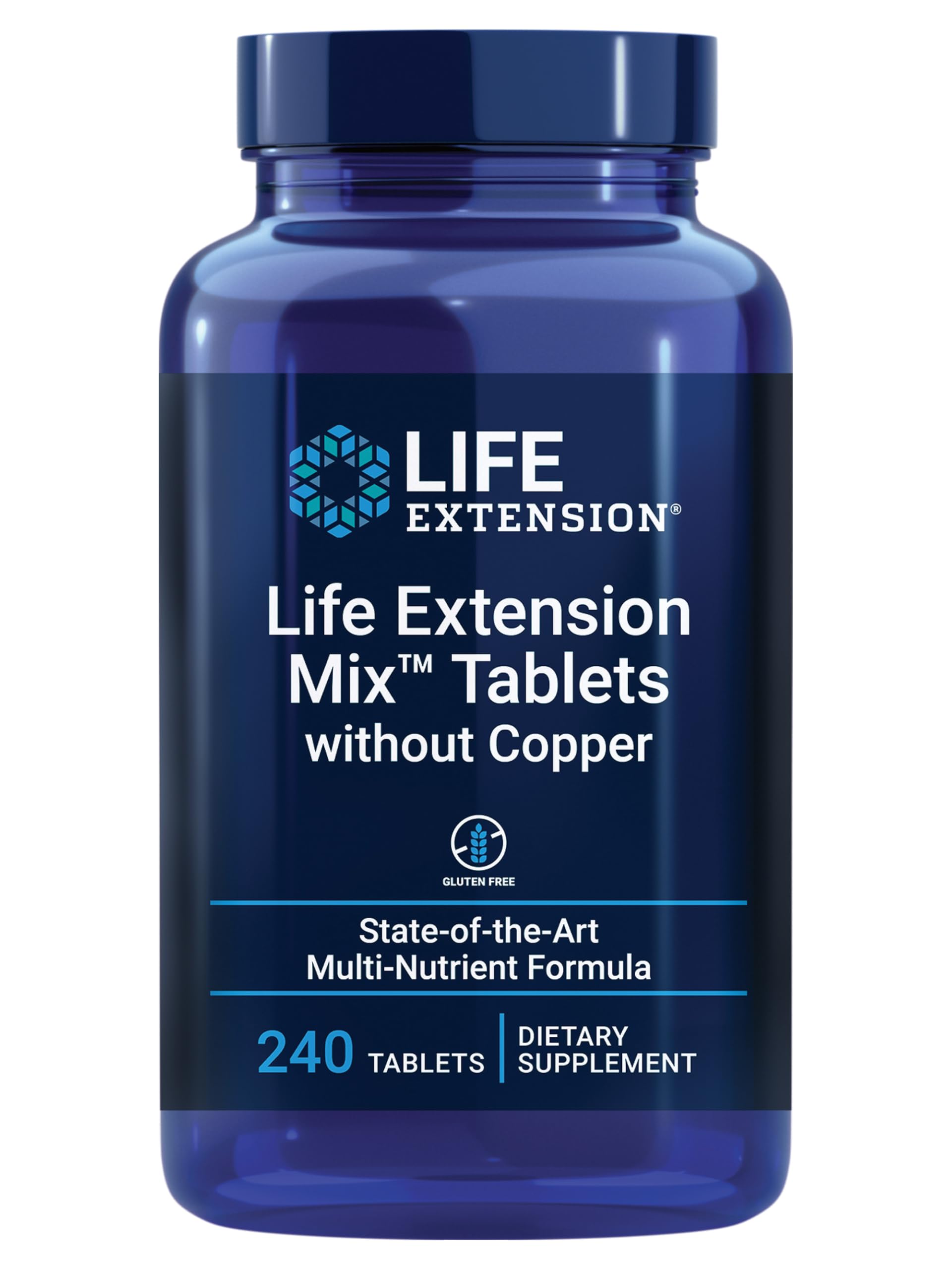 Life Extension Mix without Copper bottle front shows a complete daily multivitamin for overall wellness.