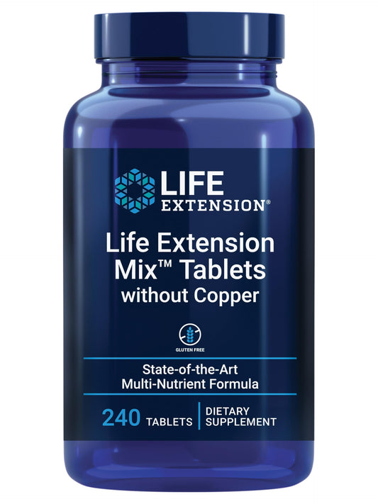 Life Extension Mix without Copper bottle front shows a complete daily multivitamin for overall wellness.