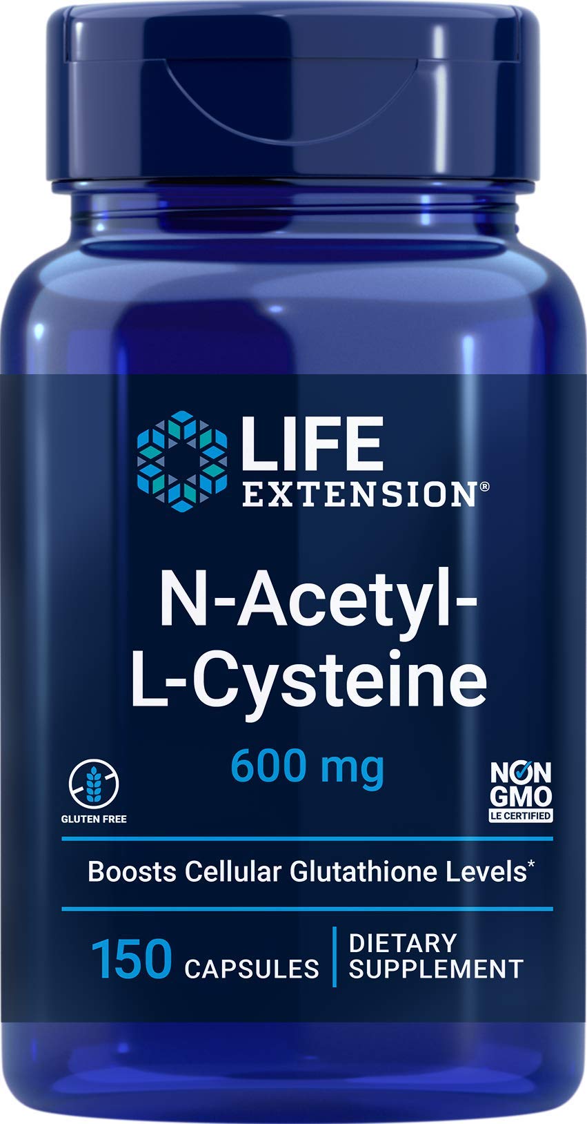 Life Extension NAC 600mg capsules bottle shows easy daily immune support potential.
