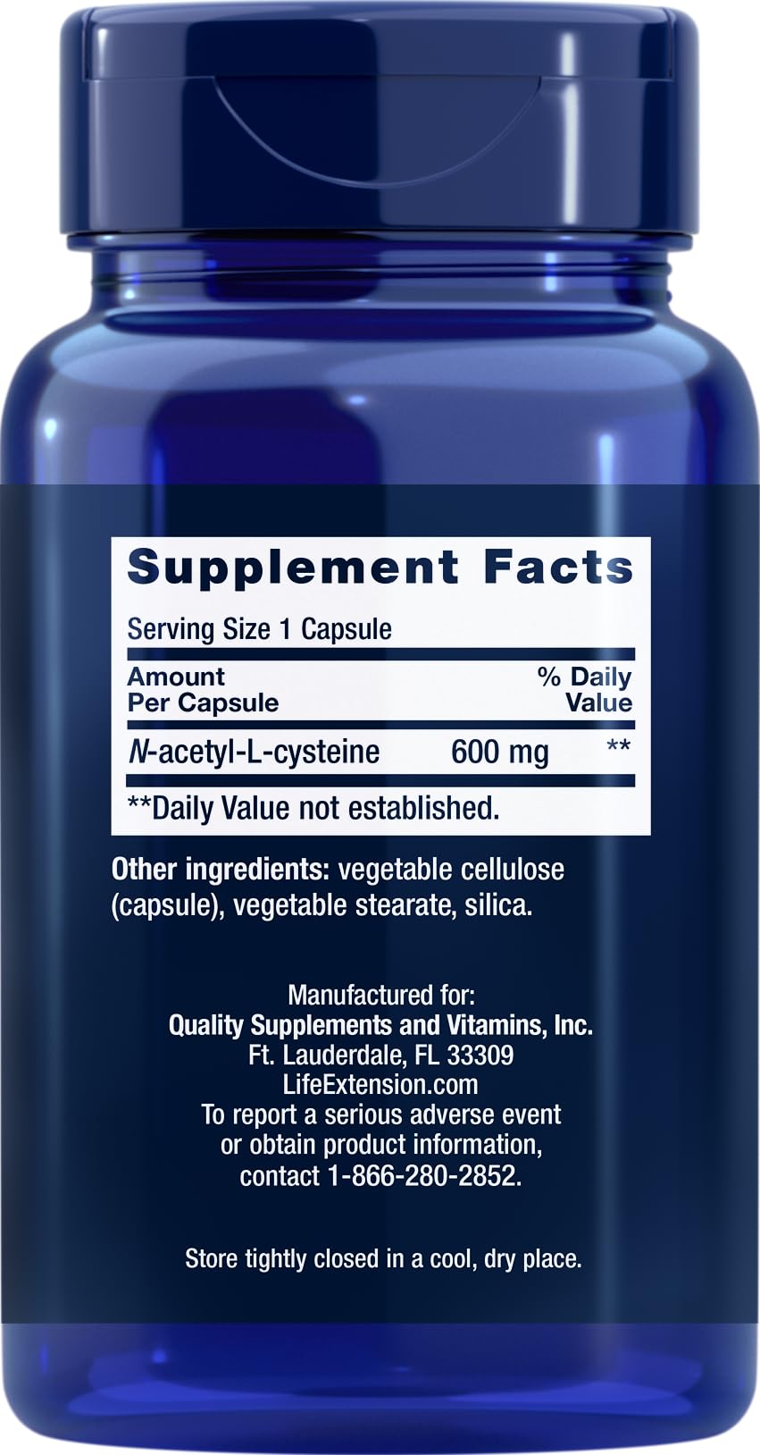 Life Extension NAC 600mg capsules closeup highlights quality and dosage convenience.