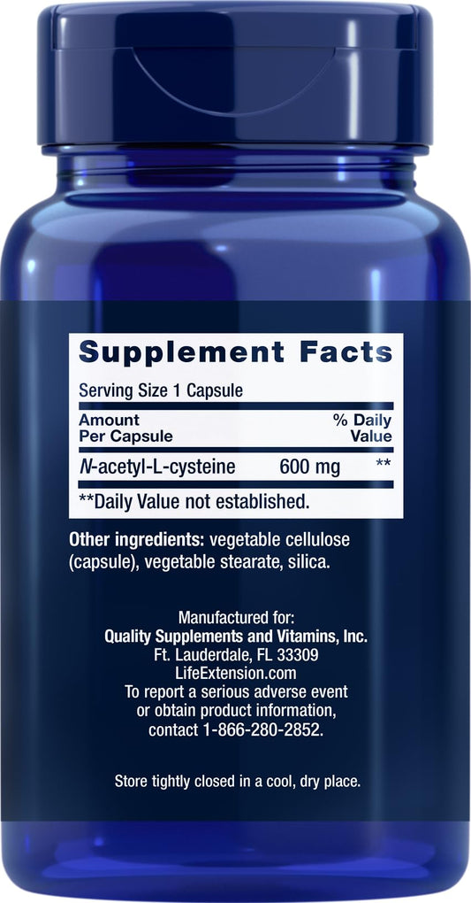Life Extension NAC 600mg capsules closeup highlights quality and dosage convenience.
