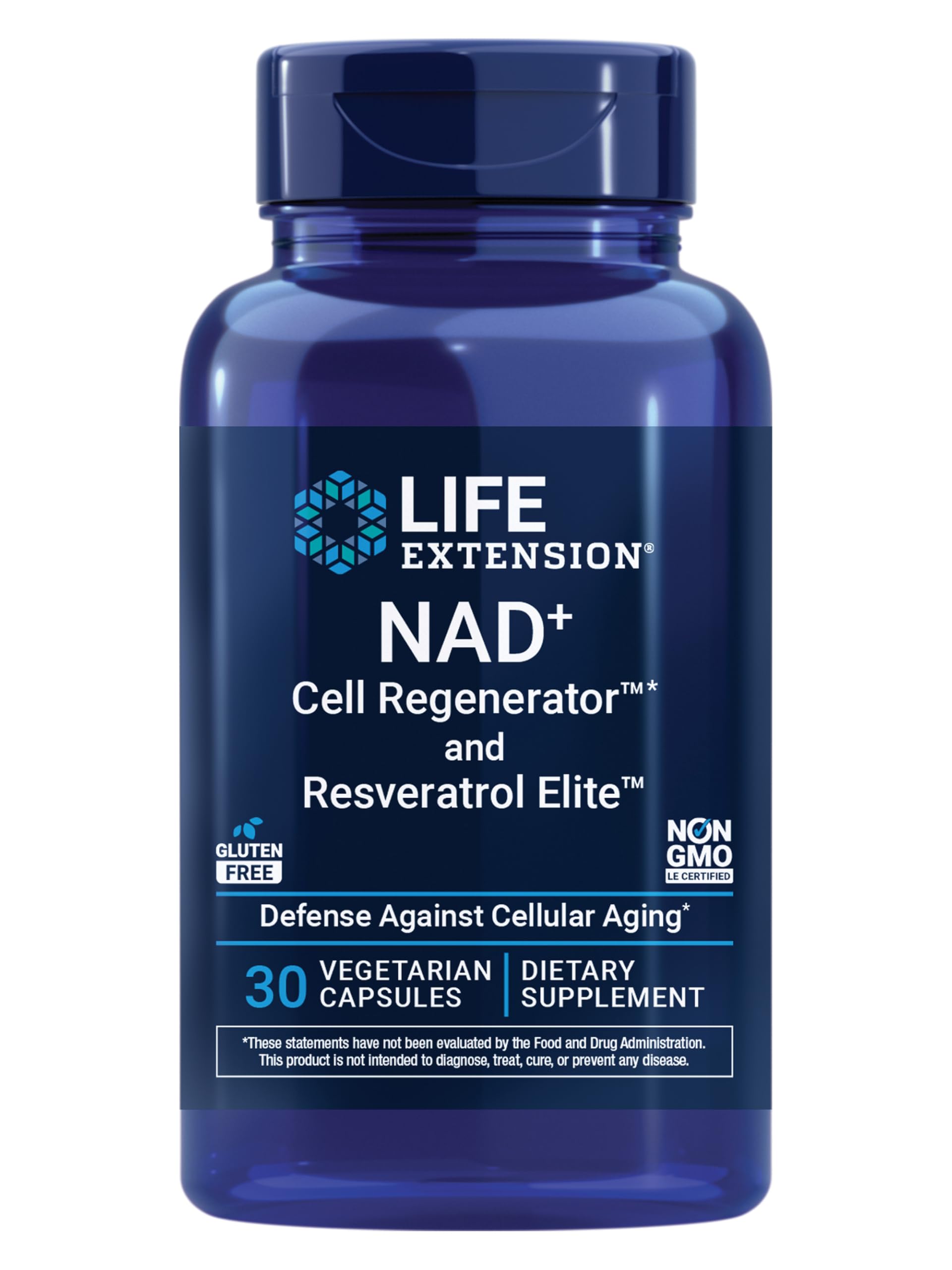 Life Extension NAD+ Cell Regenerator bottle on shelf highlights premium packaging for healthy aging