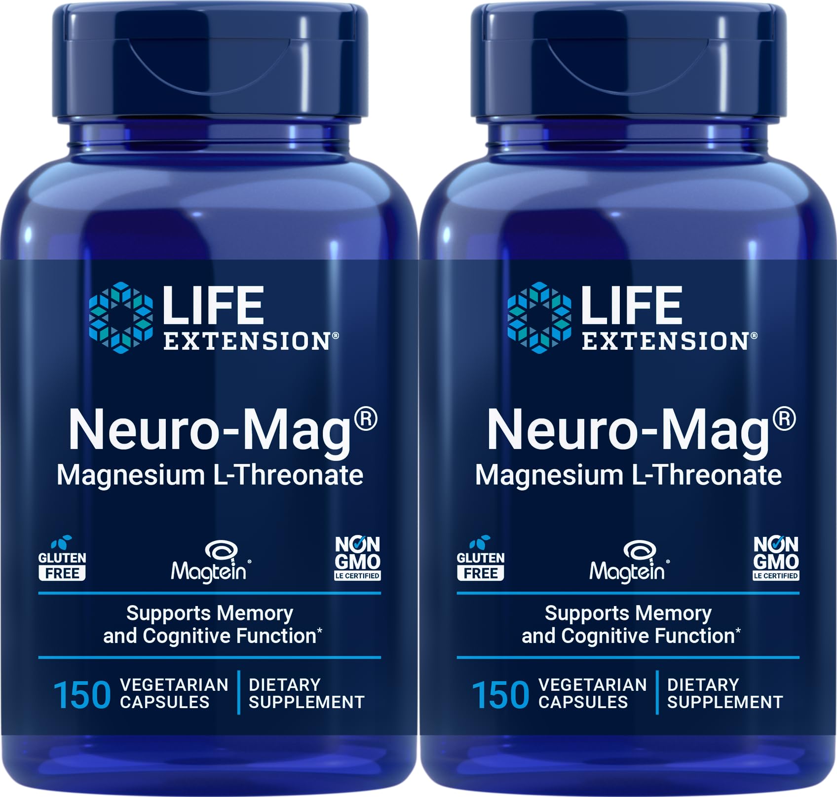 Life Extension Neuro-Mag bottle front highlights Magtein magnesium for brain support.