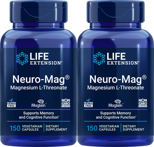 Life Extension Neuro-Mag bottle front highlights Magtein magnesium for brain support.