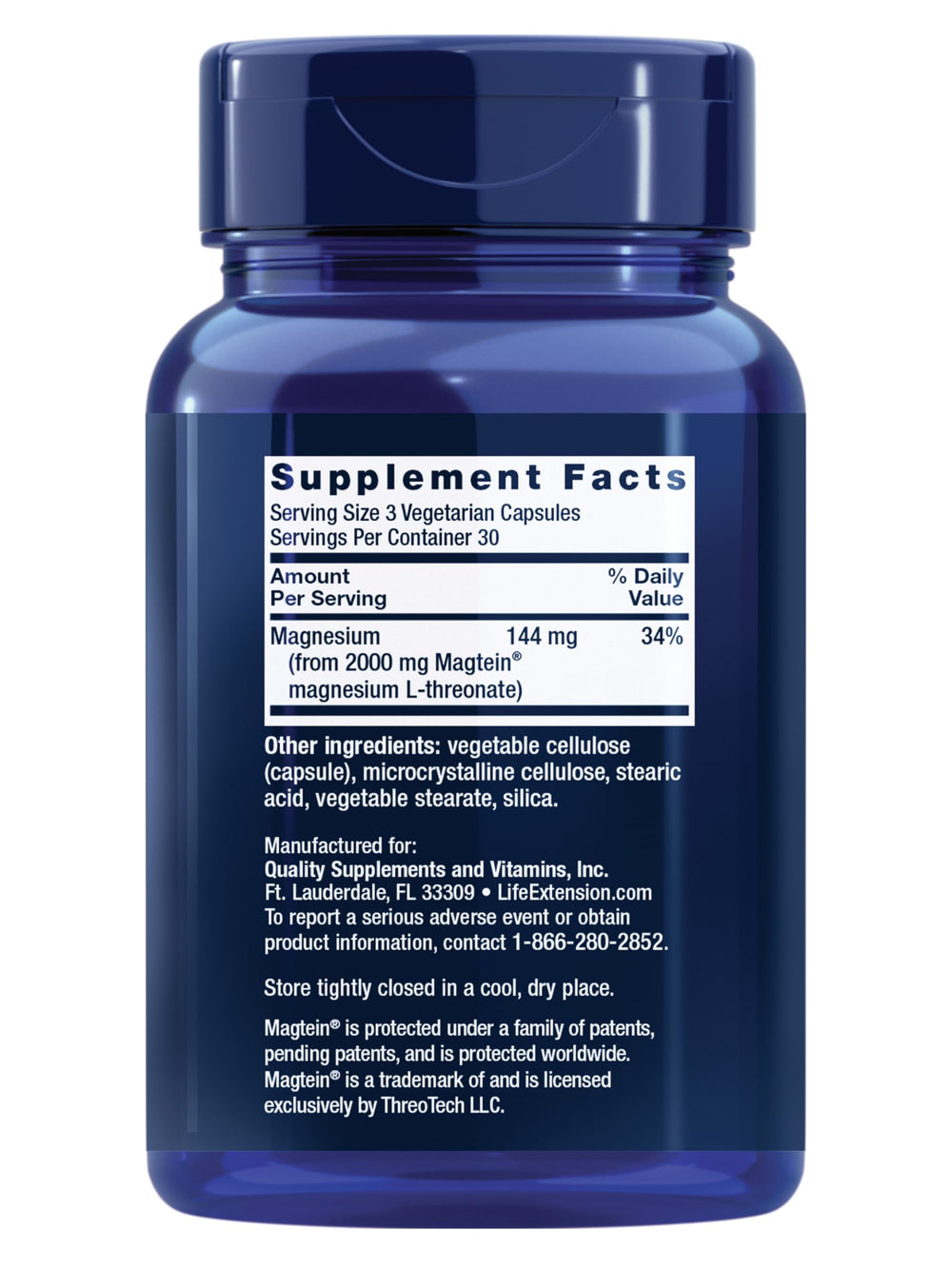 Life Extension Neuro-Mag bottle-label highlights non-GMO, gluten-free formulation.