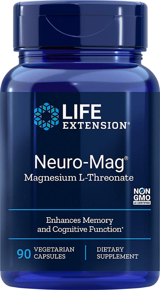 Life Extension Neuro-mag bottle label highlighting magnesium L-threonate formula for cognitive support