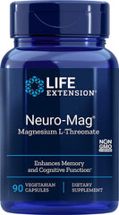 Life Extension Neuro-mag bottle label highlighting magnesium L-threonate formula for cognitive support