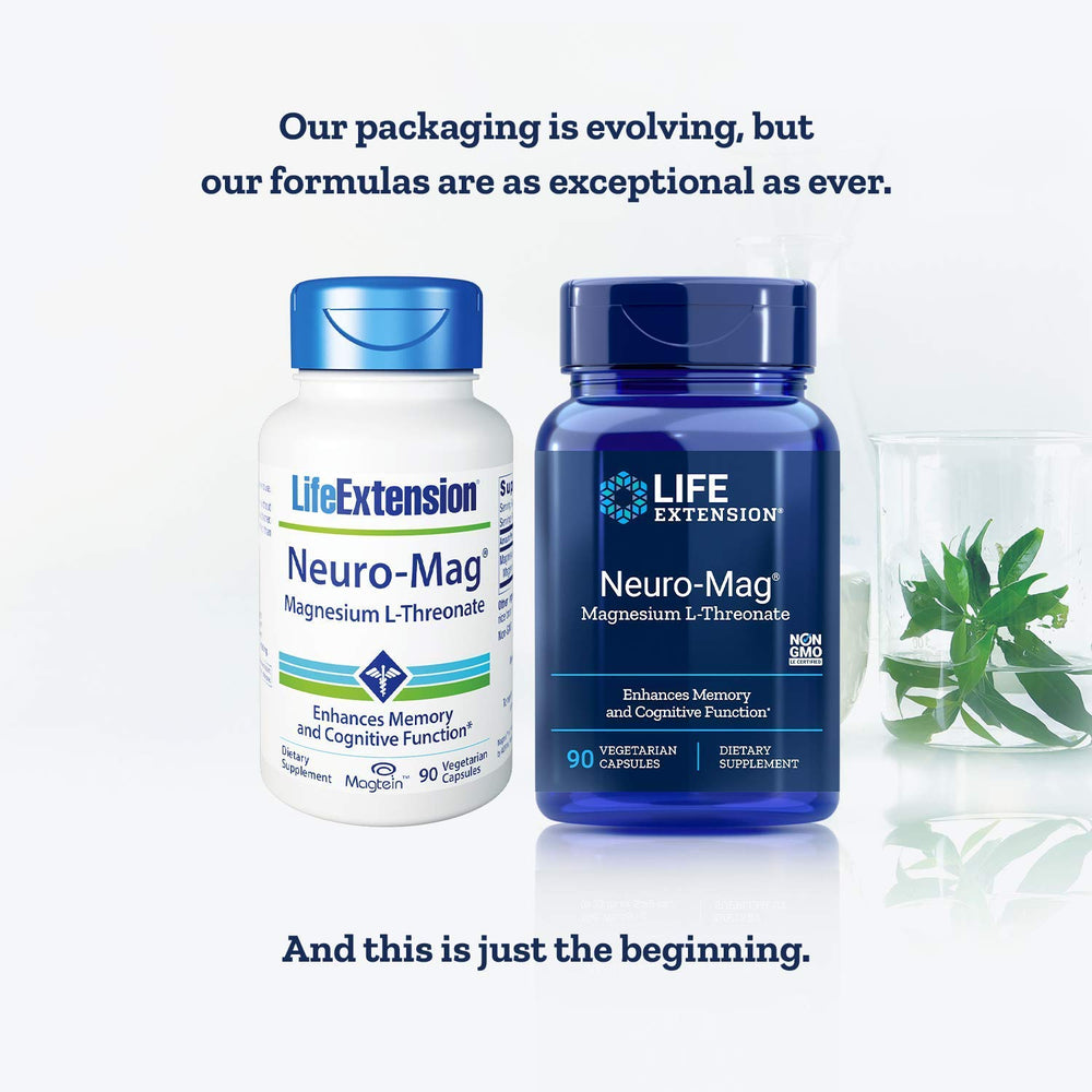 Life Extension Neuro-mag capsules close-up showing magnesium-L-threonate capsules