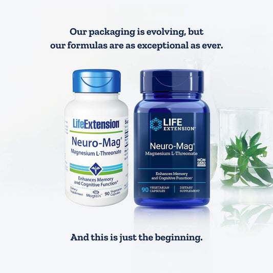 Life Extension Neuro-mag capsules close-up showing magnesium-L-threonate capsules