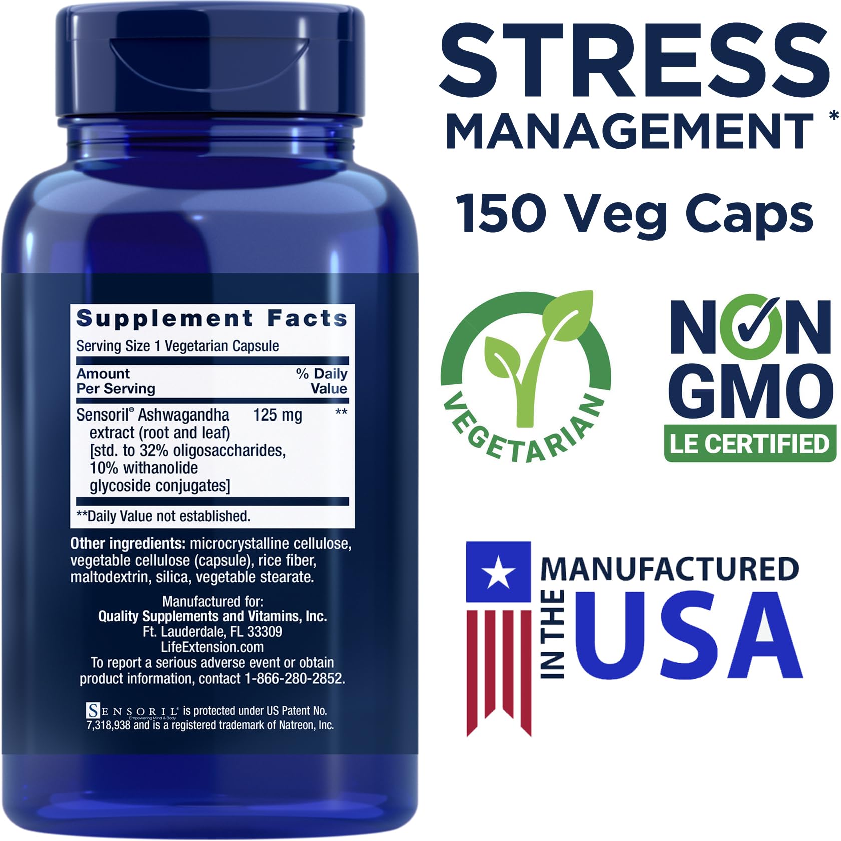 Life Extension Optimized Ashwagandha bottle label highlights Sensoril extract content.