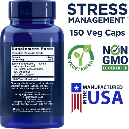Life Extension Optimized Ashwagandha bottle label highlights Sensoril extract content.