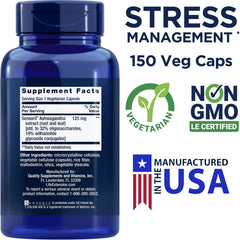 Life Extension Optimized Ashwagandha bottle label highlights Sensoril extract content.
