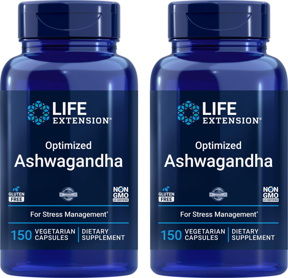 Life Extension Optimized Ashwagandha bottle top showing premium packaging for daily wellness convenience.