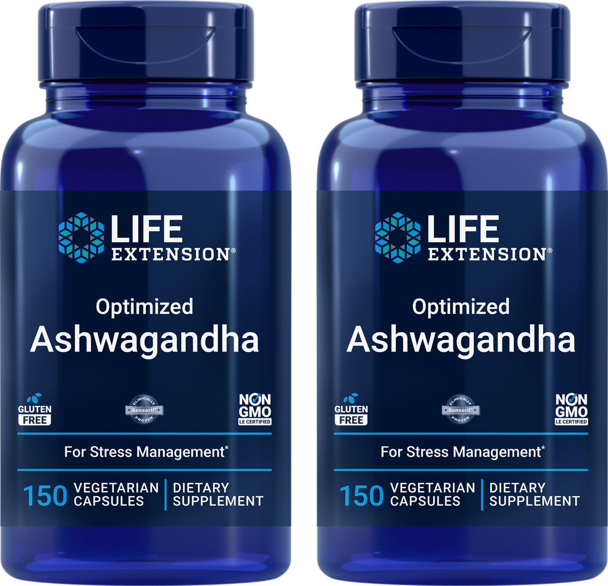 Life Extension Optimized Ashwagandha bottle top showing premium packaging for daily wellness convenience.
