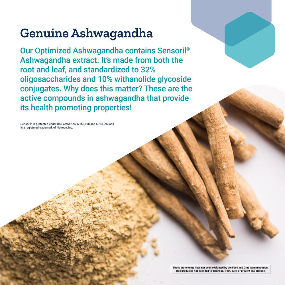 Life Extension Optimized Ashwagandha root and leaf content illustration on label.