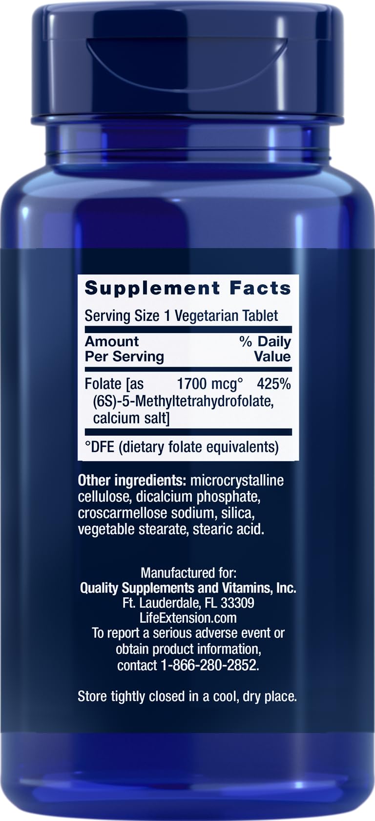 Life Extension Optimized Folate bottle label notes non-GMO and vegetarian tablets for clean sourcing.