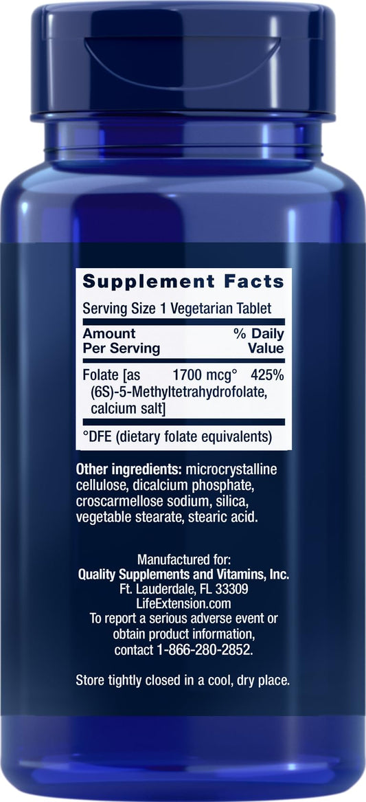 Life Extension Optimized Folate bottle label notes non-GMO and vegetarian tablets for clean sourcing.