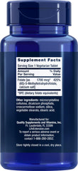 Life Extension Optimized Folate bottle label notes non-GMO and vegetarian tablets for clean sourcing.