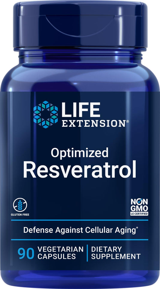 Life Extension Optimized Resveratrol bottle front, premium longevity support formula