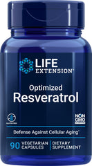 Life Extension Optimized Resveratrol bottle front, premium longevity support formula