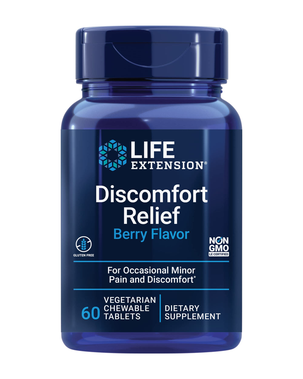 Life Extension Pea Discomfort Relief berry chewable tablet for occasional discomfort.