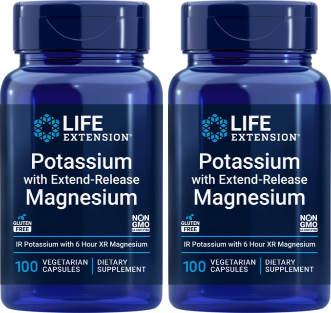 Life Extension potassium-99mg extended-release magnesium-250mg bottle shows dual-action mineral support.